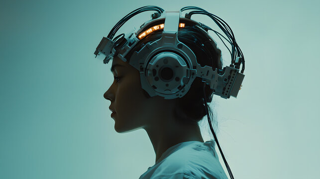 Mind-Augmenting Headset: A person wearing a futuristic headset for brainwave monitoring or data collection, suggesting science, exploration, or technological advancement. 