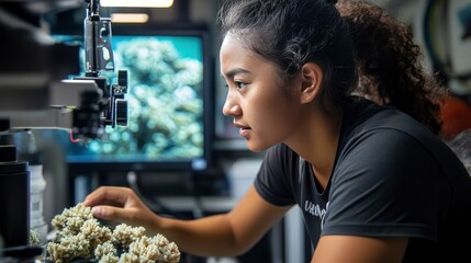 Young scientist examining coral specimens in a lab, with underwater imagery displayed in the background