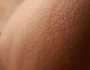 Fototapeta premium Close-up of brown human skin texture. Detailed view of skin surface, rough pattern, showing pores, bumps, wrinkles. Dermatology, medical background. Healthy body, skincare, beauty, medicine.