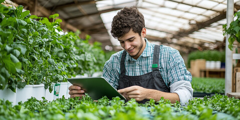 Young agricultural student monitors farm data with tablet while drone captures crop health analytics in modern farming setup