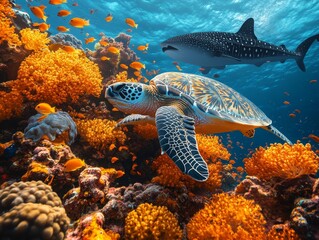Fototapeta premium Underwater Symphony: A Sea Turtle's Journey through a Vibrant Coral Reef, Accompanied by a Gentle Whale Shark and Swarms of Golden Fish.