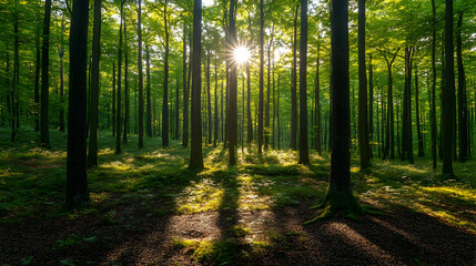 Obraz premium Sun shines through trees in forest casting light and shadows on ground Lush green foliage creates a serene natural sc