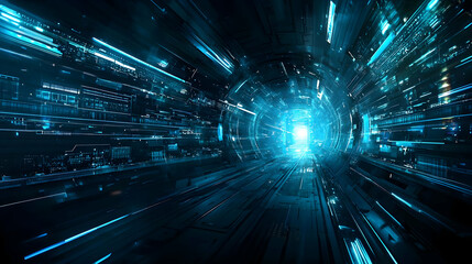 Futuristic Digital Tunnel With Glowing Blue Lights