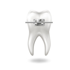 Illustration of a realistic tooth adorned with metal braces representing dental health and orthodontic treatment on a clean white background perfect for medical presentations with copy space.
