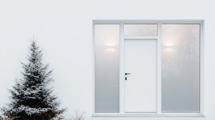 Modern minimalist white door and evergreen tree image