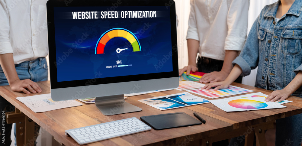 Poster Computer software evaluating website loading speed. Concept of improving website loading speed brisk.