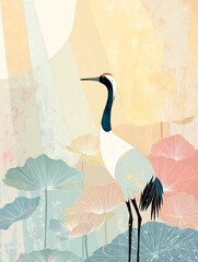 Obraz premium Cranes serenely stand among pastel flora in an artistic representation of nature's beauty