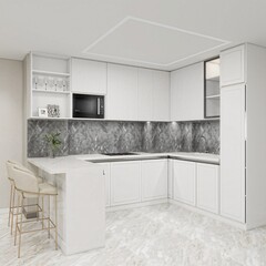 Sleek white kitchen with marble backsplash and countertops. Modern cabinetry, built-in microwave, and minimalist design. Elegant bar stools complement the clean, bright space