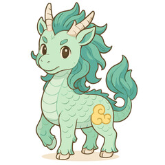 Naklejka premium green cartoon dragon creature with curly mane and tail