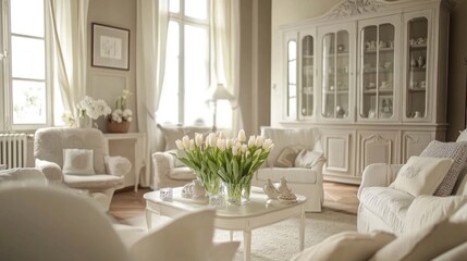Elegant, light-filled living room with antique-inspired furnishings.