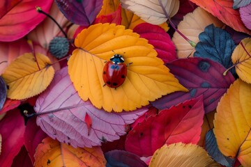 A ladybug rests on a vibrant yellow leaf surrounded by colorful fallen leaves, Ladybug blending in with colorful autumn leaves