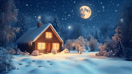Fototapeta premium Cozy cabin glows with warm light under a starry night sky with full moon and snow covered landscape