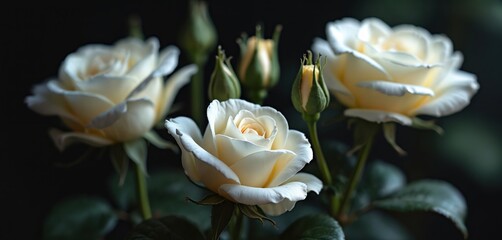 Fototapeta premium Romantic photo of beautiful white roses. Delicate petals against a dark background. Floral beauty. White flowers in full bloom. Perfect for design of greeting cards, Valentine Day, love concepts.