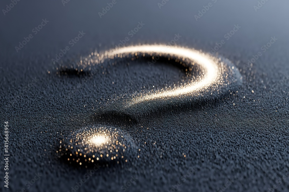 Poster sparkling question mark formed with fine particles on a dark surface, creating an intriguing visual 