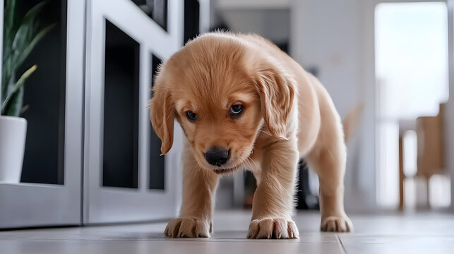 A small brown puppy is standing on a tile floor. Generated using AI.