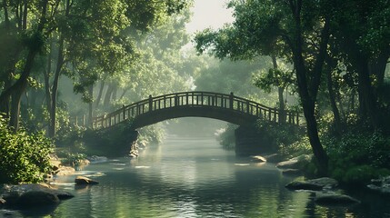 Calm river surrounded by vibrant green trees and bridge
