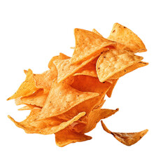 Naklejka premium Flying mexican nachos chips isolated on transparent background.