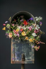 Wildflowers Bouquet Overflowing Aged Metal Mailbox Dark Setting Still Life