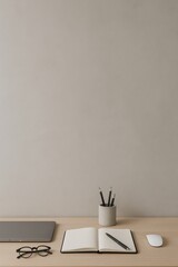 Minimalist Workspace Design With Laptop, Notebook, and Stationery in Soft Neutral Tones