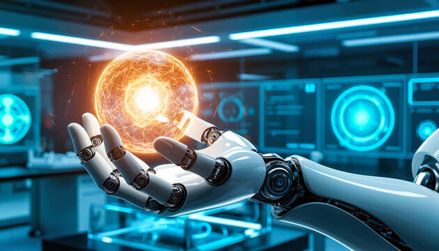 Robotic hand holding a glowing holographic globe in an advanced technology laboratory