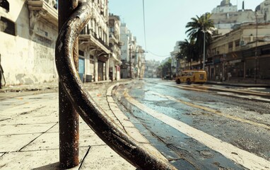 Close-up of a fossilized seashell, light beige and brown, resting on a light gray rock against a dark background. The image has shallow depth of field, focusing on the shell