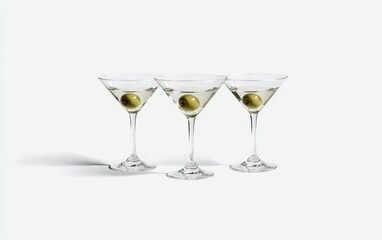 Obraz premium Three martini glasses with olives, isolated on a white background. Clean, simple presentation. Perfect for cocktail recipes or bar themes