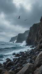 Peaceful rocky coastline with ocean waves hitting sharp cliffs under moody overcast skies and flying seagulls Generative AI