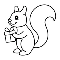 coloring book for 2 years baby A happy squirrel holding a gift on white background.