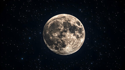 The moon illuminates the dark sky Many stars fill the horizon behind it Craters cover the moons surface