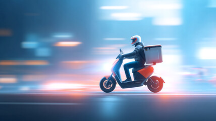 food delivery rider on scooter with thermal bag speeds through city street at night, creating dynamic and energetic scene with blurred lights