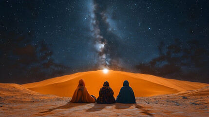 Three figures sit in a desert landscape gazing at a starry sky and sand dune with bright glow at its peak under the milk