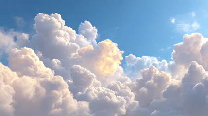 Fluffy cumulus clouds fill vast blue sky, creating serene and peaceful atmosphere. sunlight gently illuminates clouds, adding touch of warmth and tranquility