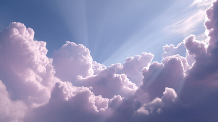 serene sky scene with dynamic clouds drifting, illuminated by soft sunlight creating peaceful atmosphere. clouds appear fluffy and ethereal against blue sky