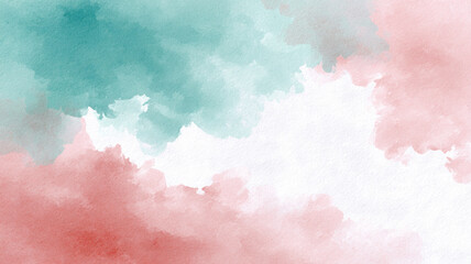 Soft watercolor backdrop with splash textures in pastel teal and pink hues, creating calming and artistic abstract design. Perfect for creative projects and backgrounds