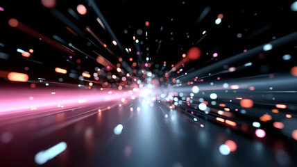 Dynamic digital tunnel with vibrant lights and particles creating sense of motion and energy. colorful streaks and glowing orbs evoke futuristic and immersive atmosphere