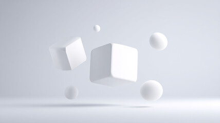 Minimalist white background with floating abstract 3D shapes, including cubes and spheres, creating serene and modern visual. composition is simple yet elegant