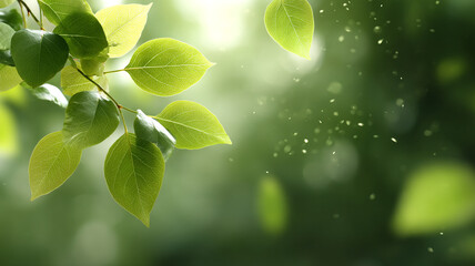 Vibrant green leaves bask in sunlight, creating serene and refreshing natural backdrop. soft focus and gentle light evoke sense of tranquility and connection with nature