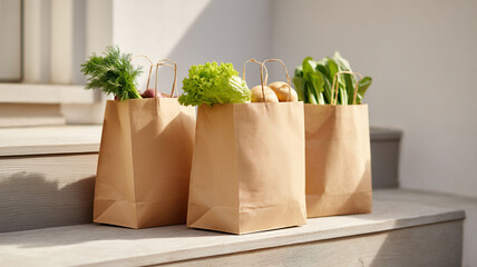 Three paper bags filled with fresh vegetables and fruits sit on doorstep, basking in sunlight. bags contain leafy greens, potatoes, and other produce, symbolizing healthy living