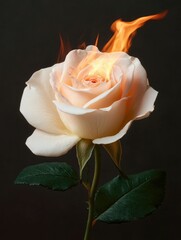 Burning Passion: A delicate white rose blossoms amidst flames, a captivating image representing the power and resilience of the heart. The fiery petals ignite against a black background.