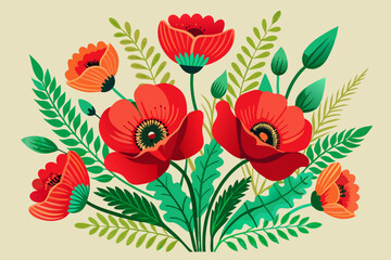 Floral Composition With Vibrant Red Poppies And Lush Green Foliage Illustration