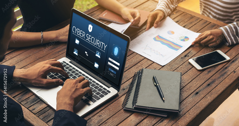 Aufkleber cyber security system on computer screen protect private information snugly from hacker and cyber at