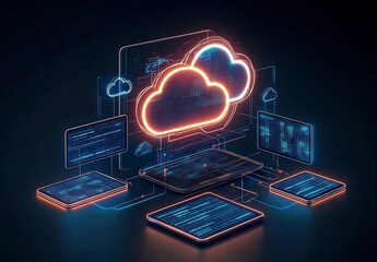 Digital cloud network illustration in neon colors, symbolizing modern data storage and computing concepts.
