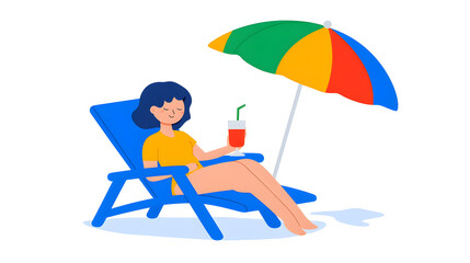 Obraz premium Woman relaxing on beach chair with cocktail under parasol flat vector style illustration