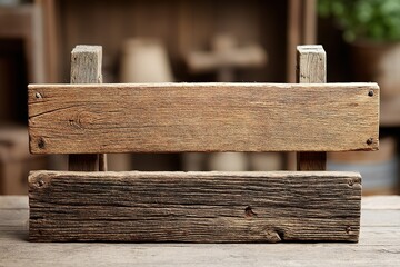 Rustic wooden sign on a sturdy table showcasing natural textures and craftsmanship in a warm, inviting atmosphere