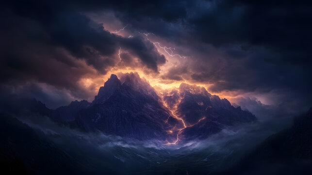 A mountain range in the middle of a thunderstorm, with dark clouds rolling in and the sky illuminated by frequent flashes of lightning.