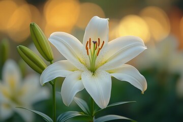 Beautiful white lily blooming in a serene garden at sunset Generative AI