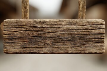 Weathered wooden sign hanging in a rustic marketplace during the early morning hours