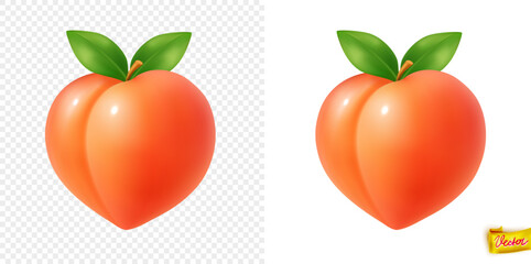 Realistic glossy peach fruit with green leaves and stem. Vector illustration shown on transparent and white backgrounds. Ideal for healthy food design, organic branding, and summer packagin