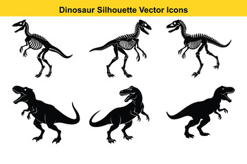 Funny and Cute Dinosaur Set with Silhouettes and Wild Animal Cartoon Illustrations.