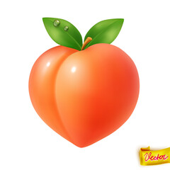 Glossy realistic vector peach with two green leaves and fresh water drops. Isolated on white background. Perfect for healthy food ads, fruit packaging, summer concepts, and organic branding